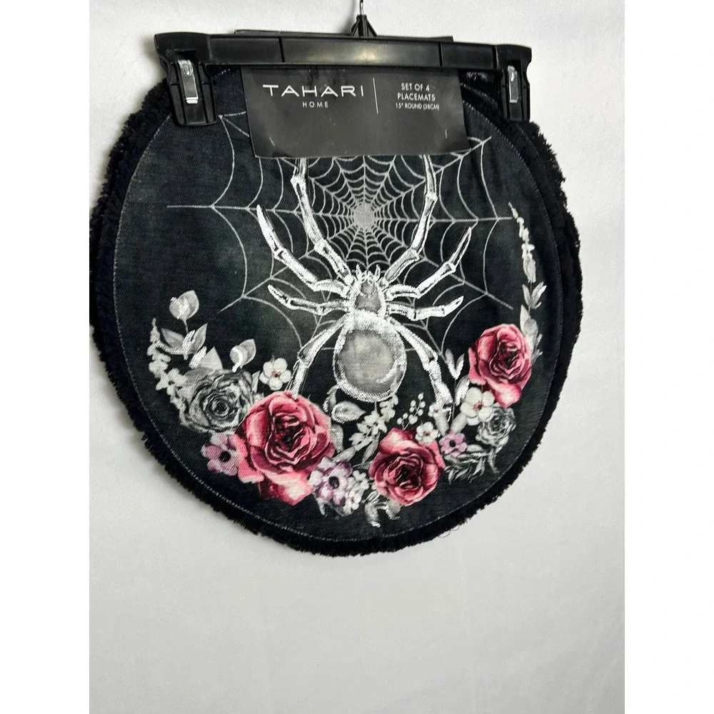 Tahari Home Set of 4 Round Placemats Black Spider Web Floral Pink Goth 15 inch